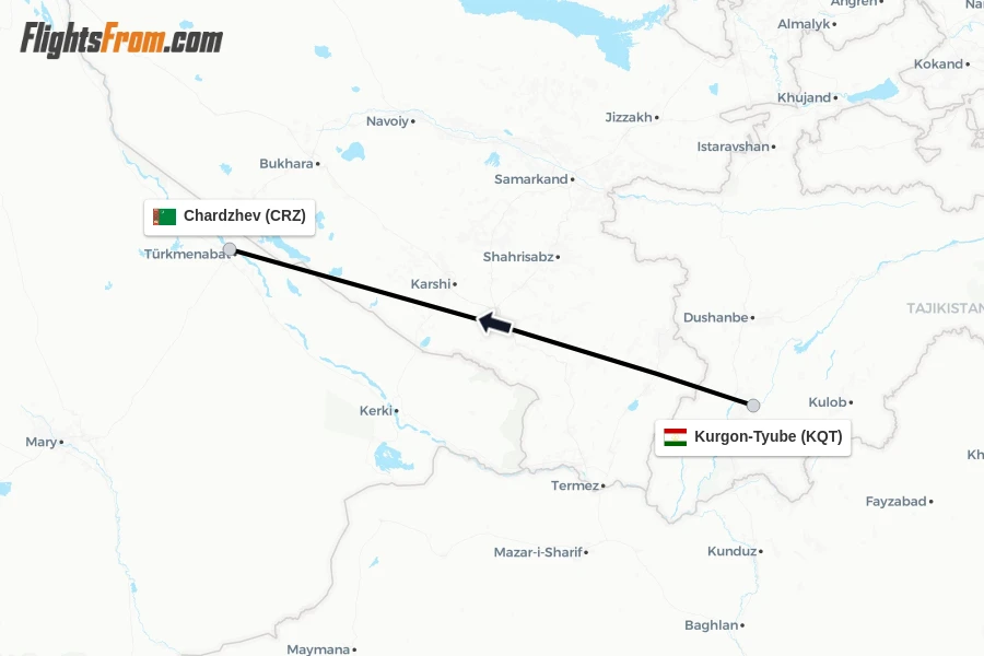 Flights from Kurgon-Tyube to Chardzhev route map