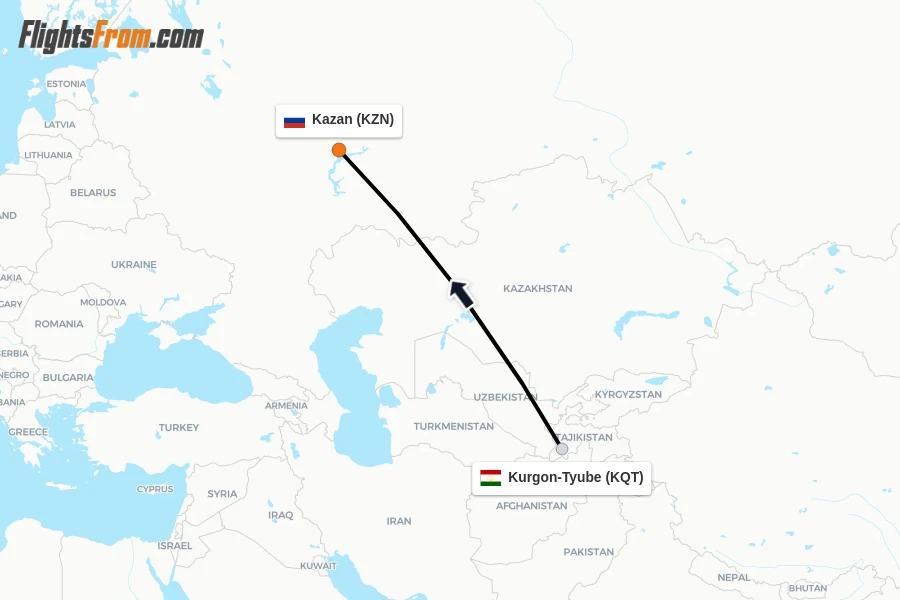 Flights from Kurgon-Tyube to Kazan route map
