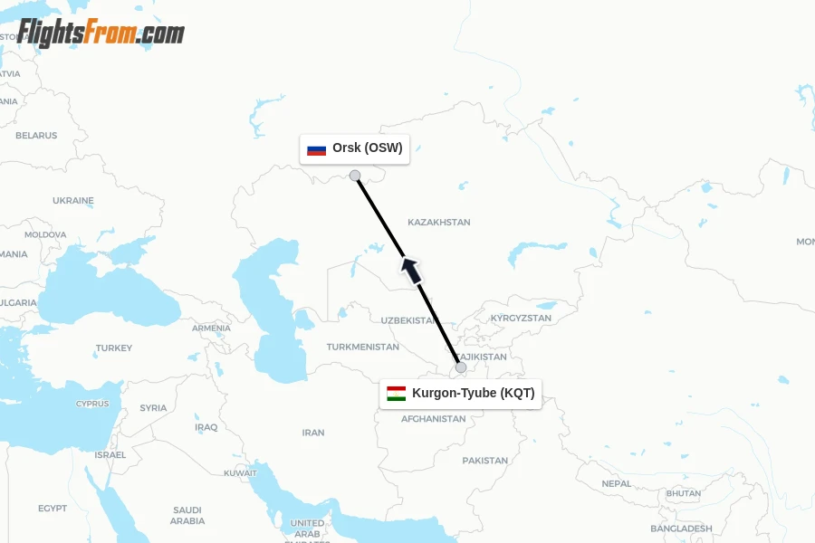Flights from Kurgon-Tyube to Orsk route map