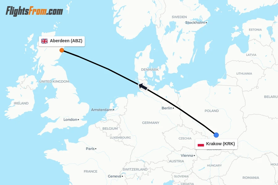 Flights from Krakow to Aberdeen route map