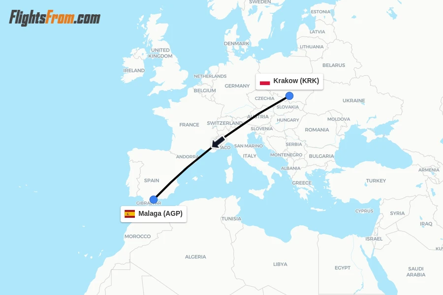 Flights from Krakow to Malaga route map