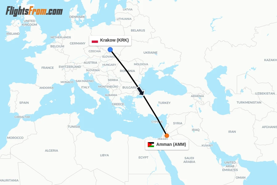 Flights from Krakow to Amman route map