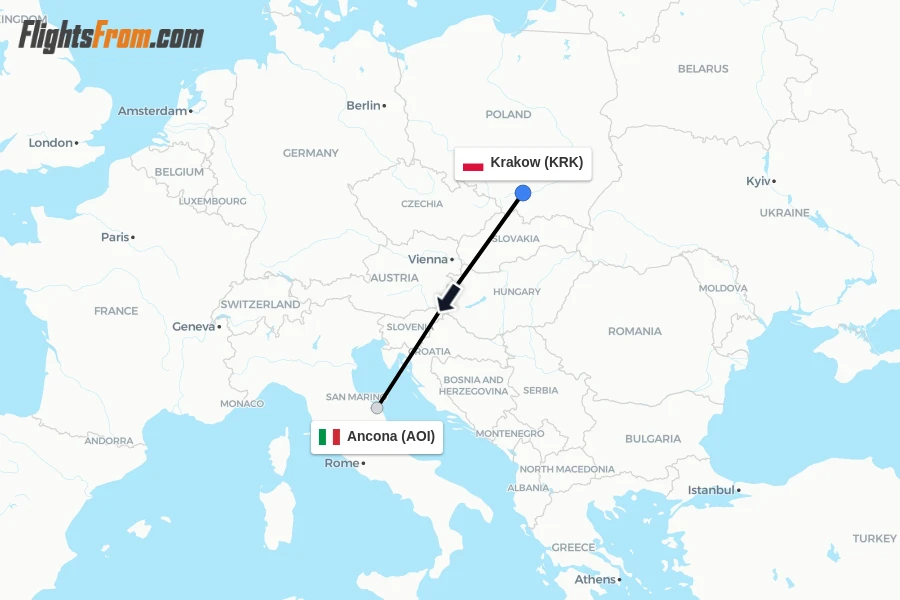 Flights from Krakow to Ancona route map