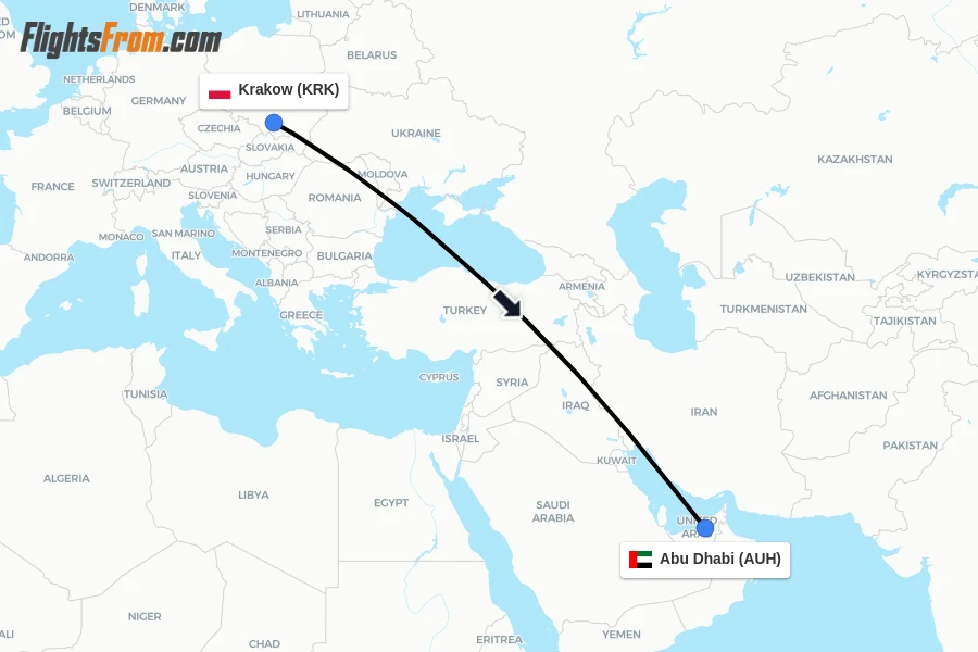 Flights from Krakow to Abu Dhabi route map