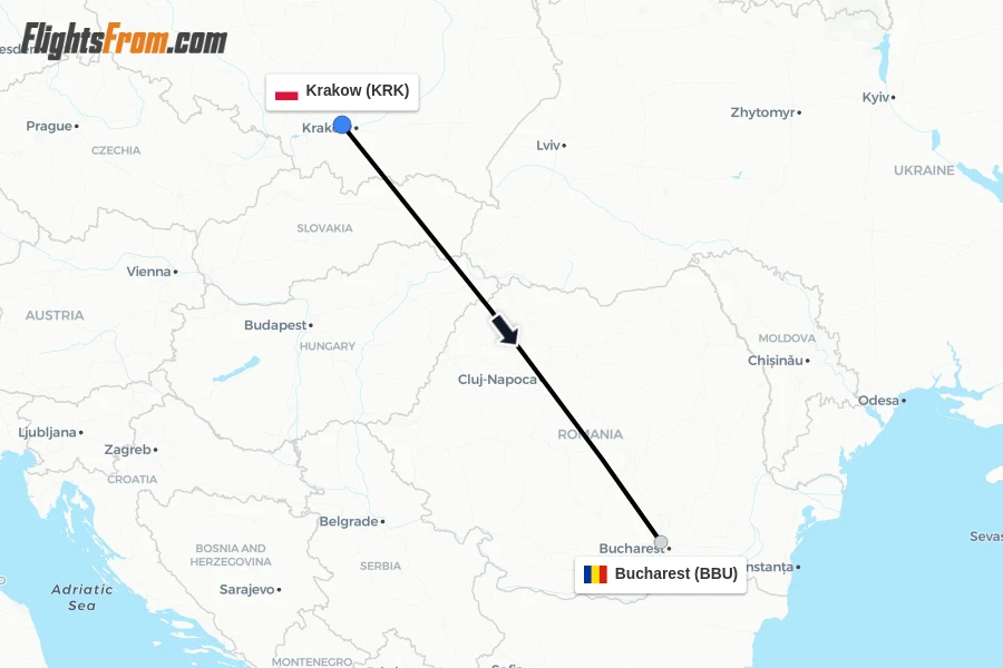 Flights from Krakow to Bucharest route map