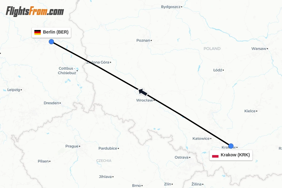 Flights from Krakow to Berlin route map