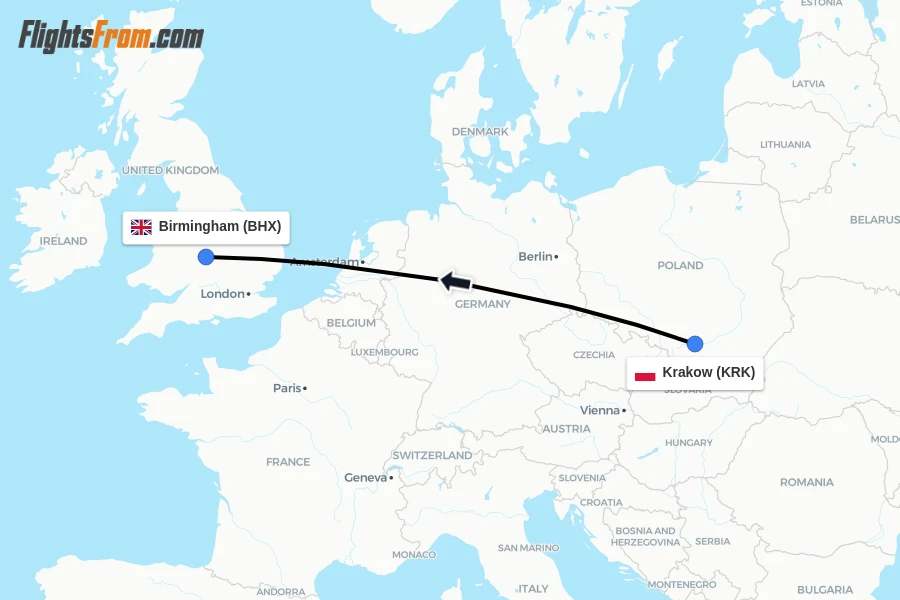 Flights from Krakow to Birmingham route map
