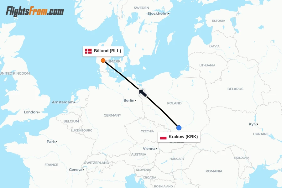Flights from Krakow to Billund route map