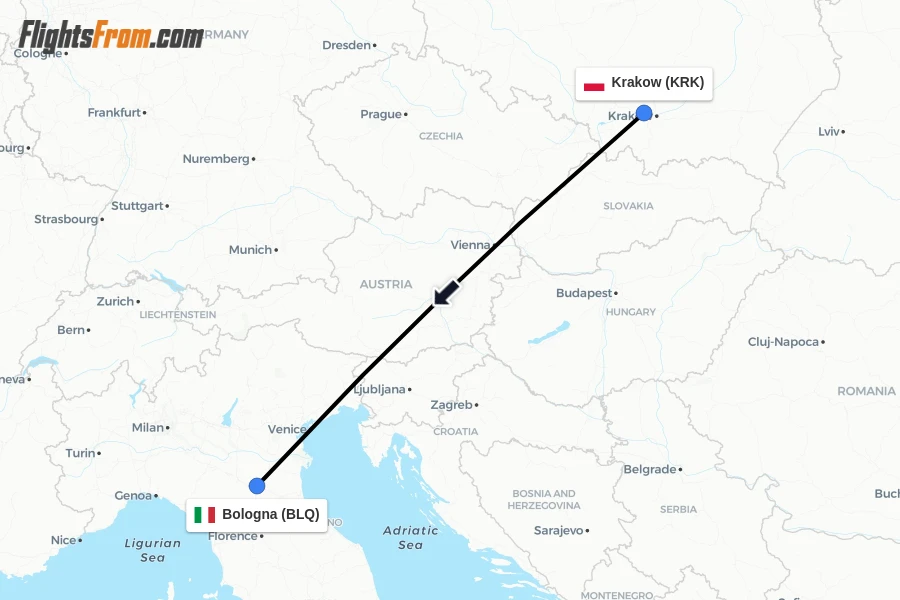 Flights from Krakow to Bologna route map