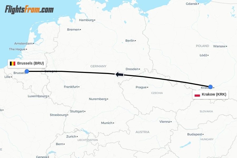 Flights from Krakow to Brussels route map