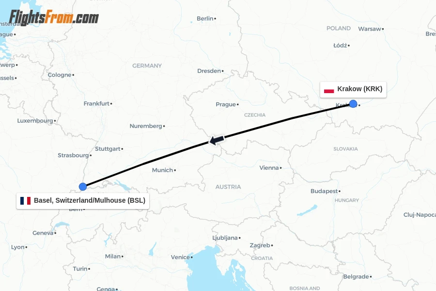 Flights from Krakow to Basel, Switzerland/Mulhouse route map