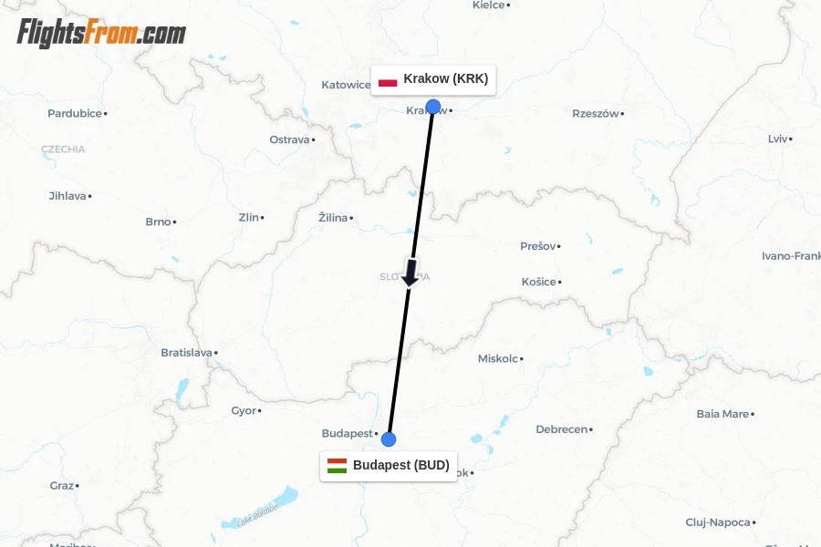 Flights from Krakow to Budapest route map