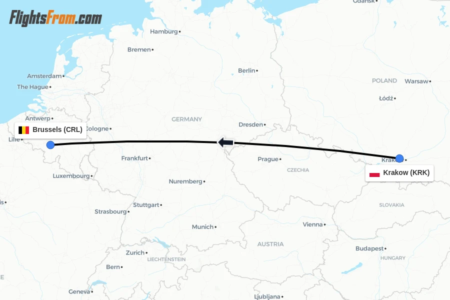 Flights from Krakow to Brussels route map