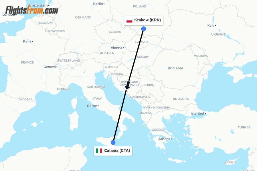 Flights from Krakow to Catania route map