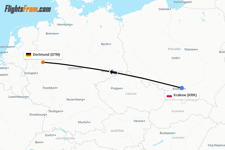 Flights from Krakow to Dortmund route map