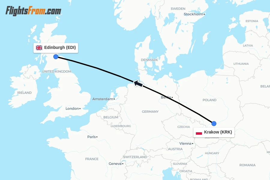 Flights from Krakow to Edinburgh route map