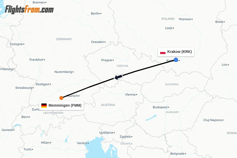 Flights from Krakow to Memmingen route map