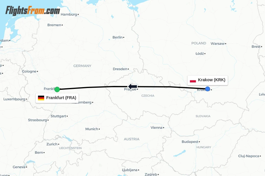 Flights from Krakow to Frankfurt route map