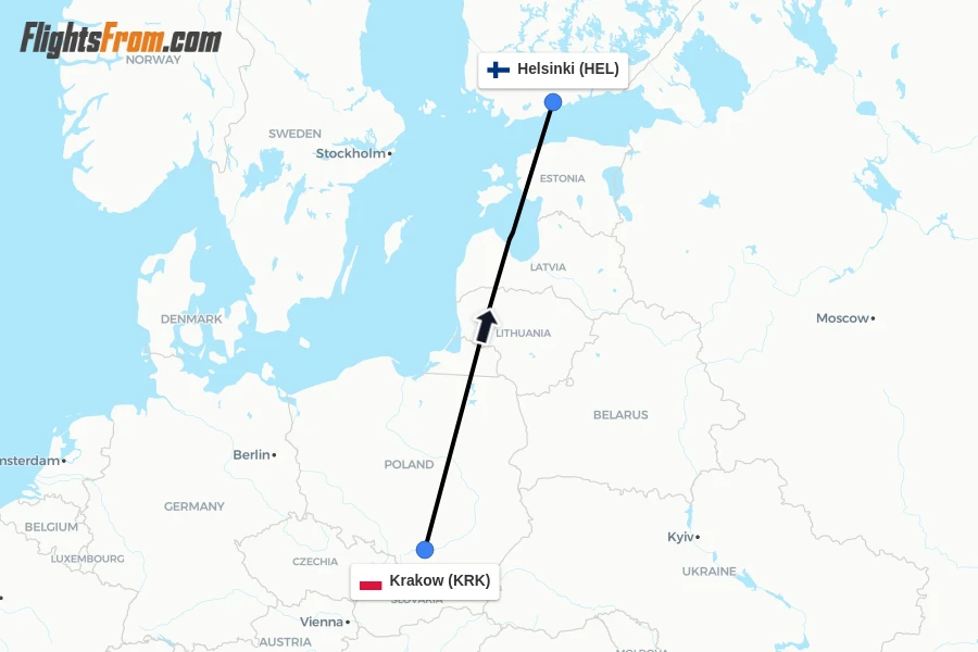 Flights from Krakow to Helsinki route map