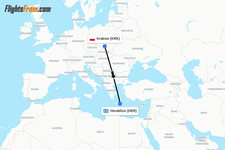 Flights from Krakow to Heraklion route map
