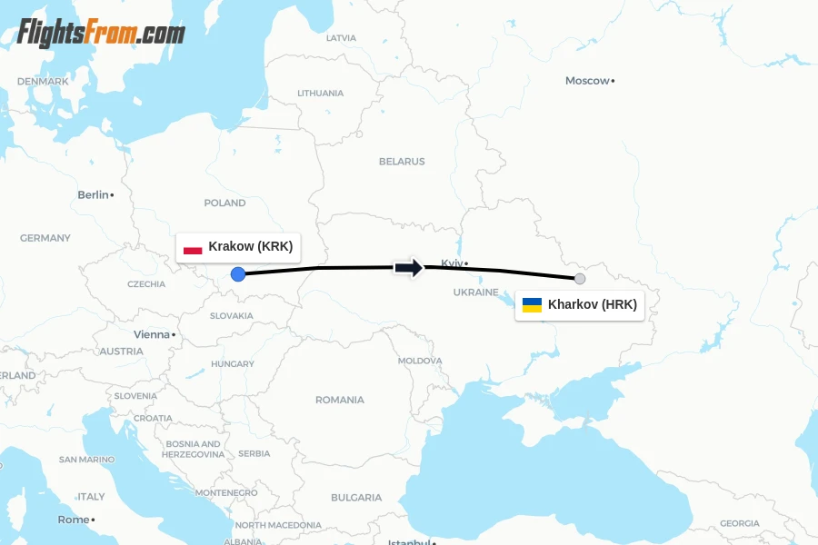 Flights from Krakow to Kharkov route map