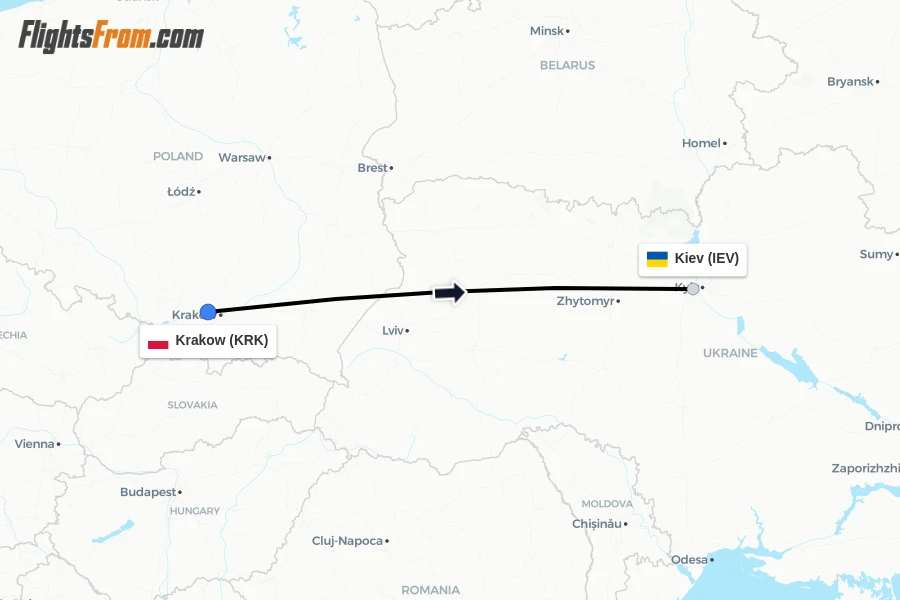 Flights from Krakow to Kiev route map
