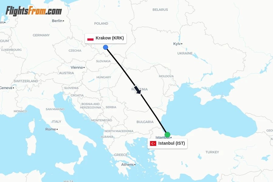 Flights from Krakow to Istanbul route map