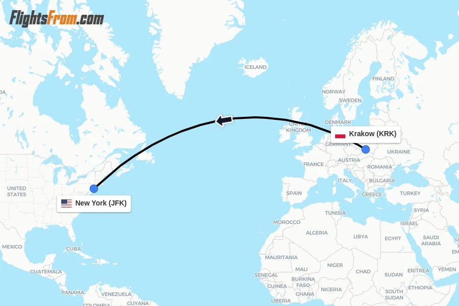 Flights from Krakow to New York route map