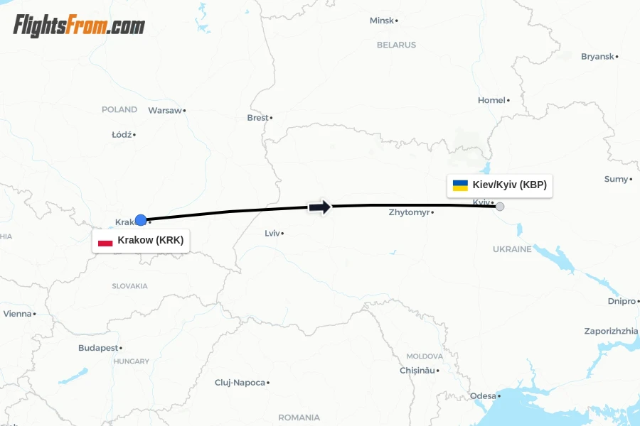 Flights from Krakow to Kiev/Kyiv route map