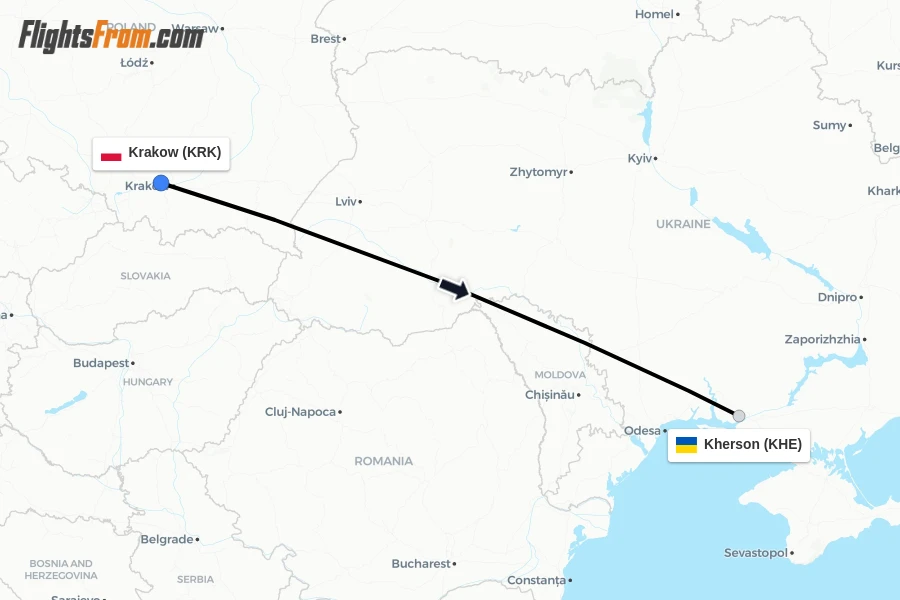 Flights from Krakow to Kherson route map