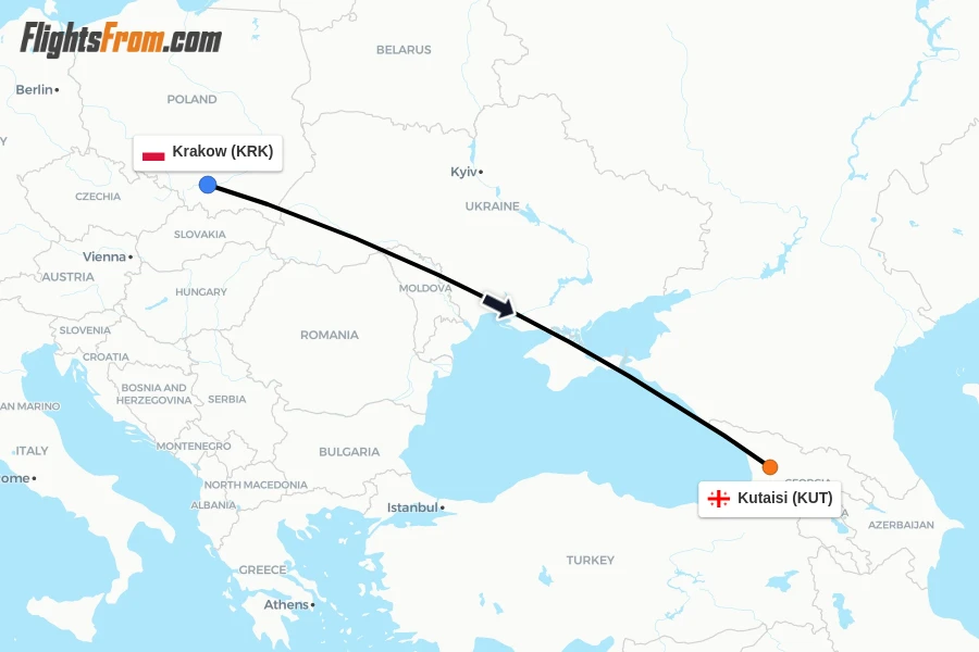 Flights from Krakow to Kutaisi route map
