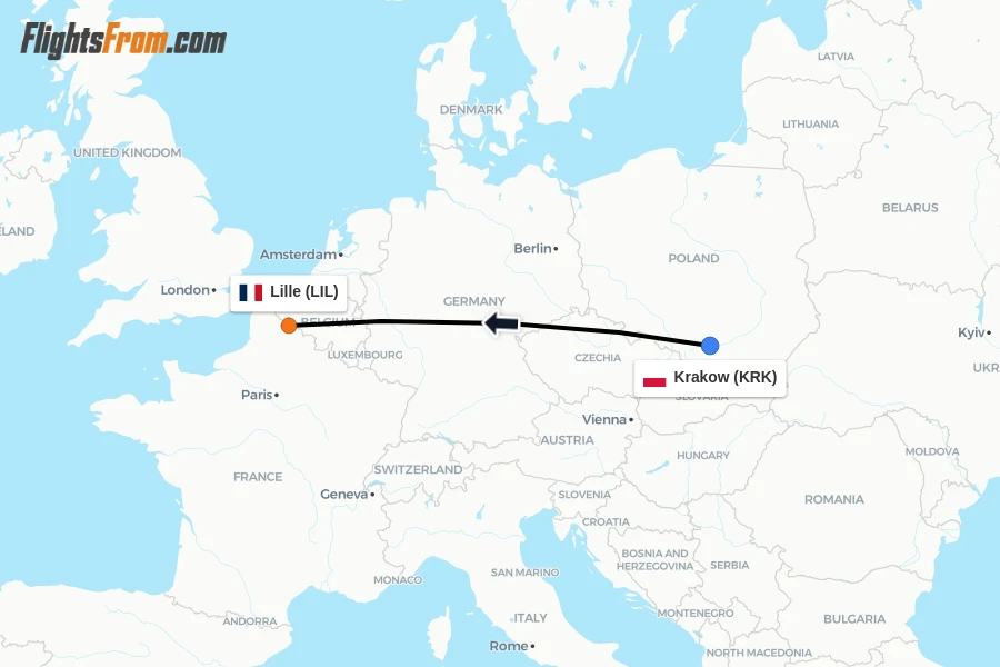 Flights from Krakow to Lille route map