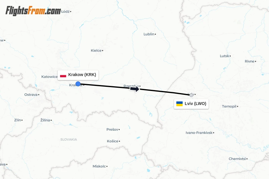 Flights from Krakow to Lviv route map