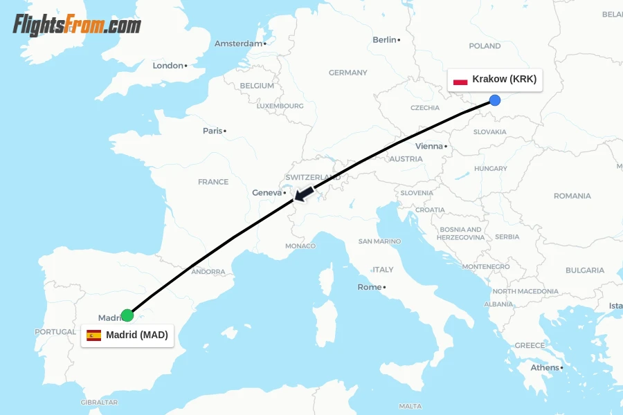 Flights from Krakow to Madrid route map