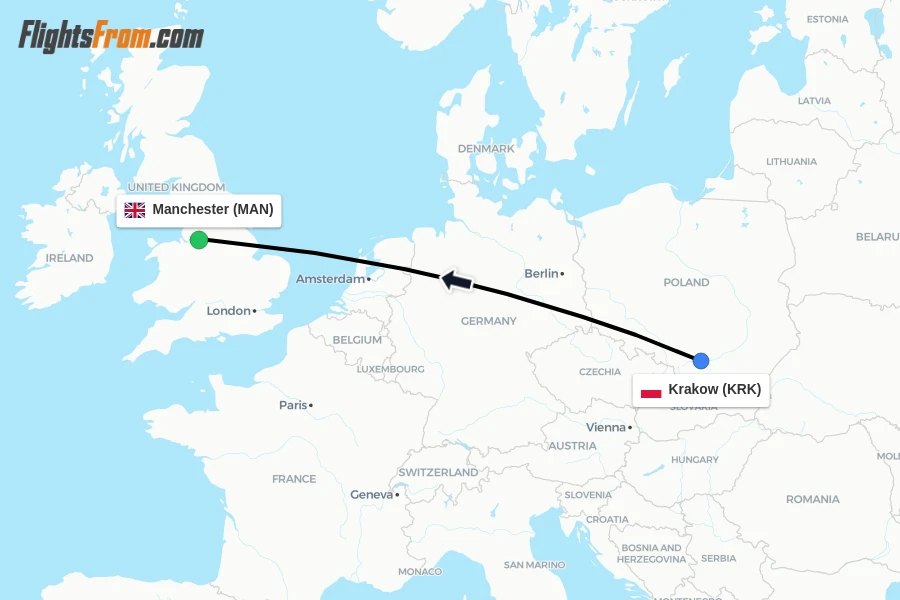 Flights from Krakow to Manchester route map