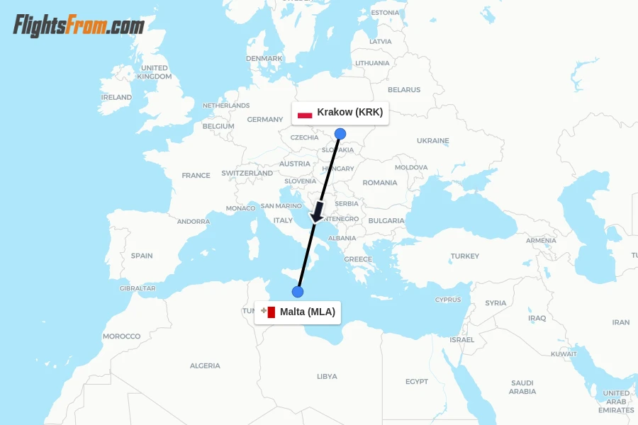 Flights from Krakow to Malta route map