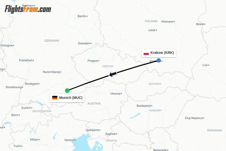 Flights from Krakow to Munich route map