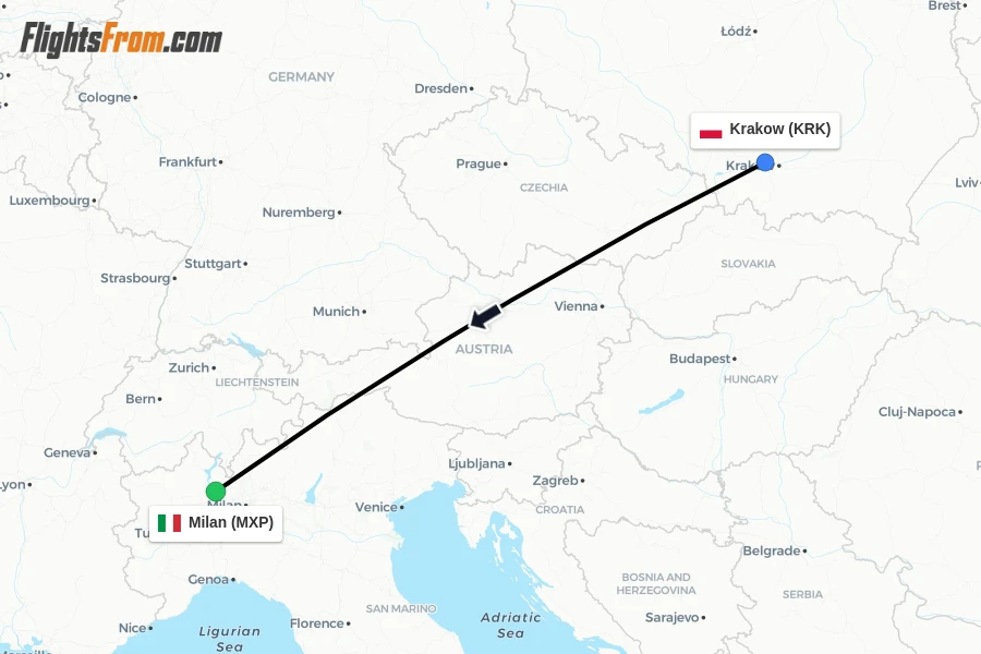 Flights from Krakow to Milan route map