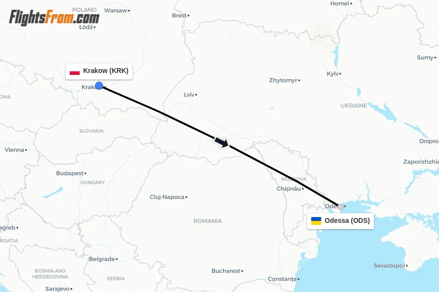 Flights from Krakow to Odessa route map