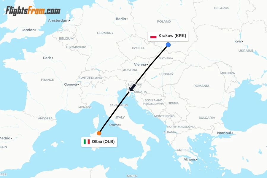 Flights from Krakow to Olbia route map