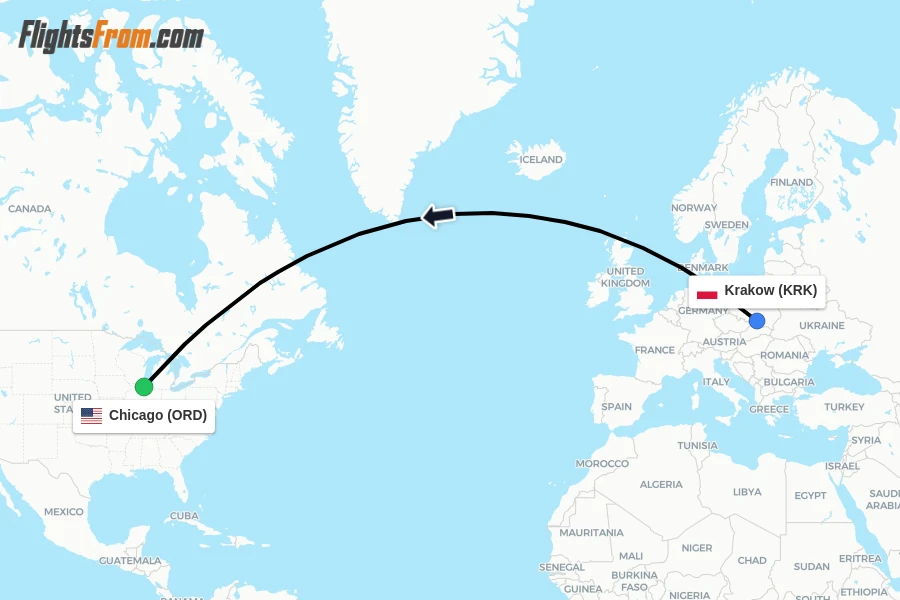 Flights from Krakow to Chicago route map