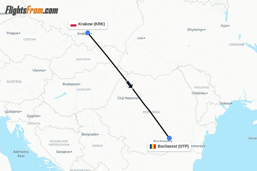 Flights from Krakow to Bucharest route map