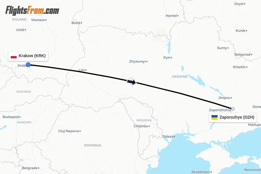 Flights from Krakow to Zaporozhye route map