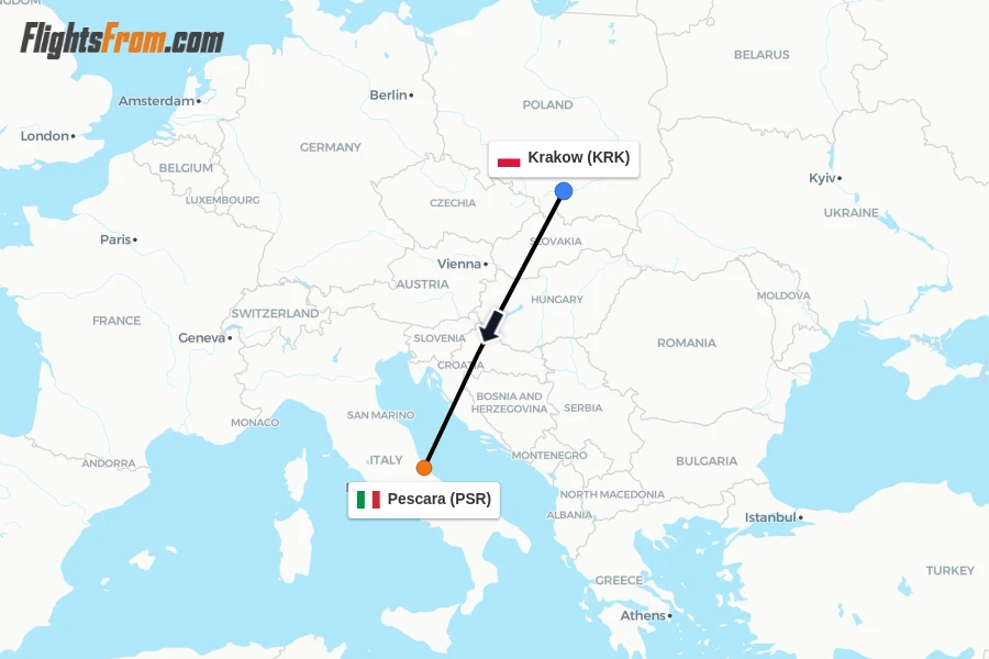 Flights from Krakow to Pescara route map