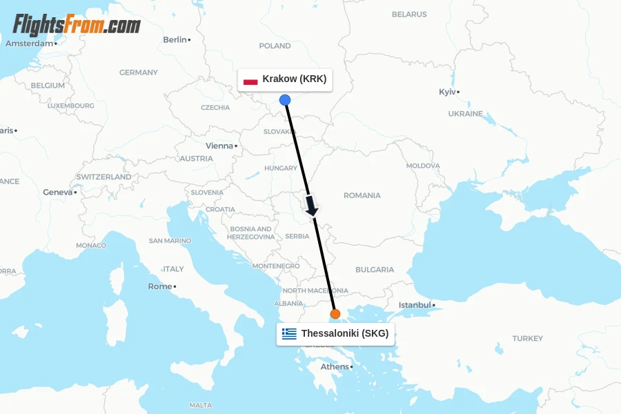 Flights from Krakow to Thessaloniki route map