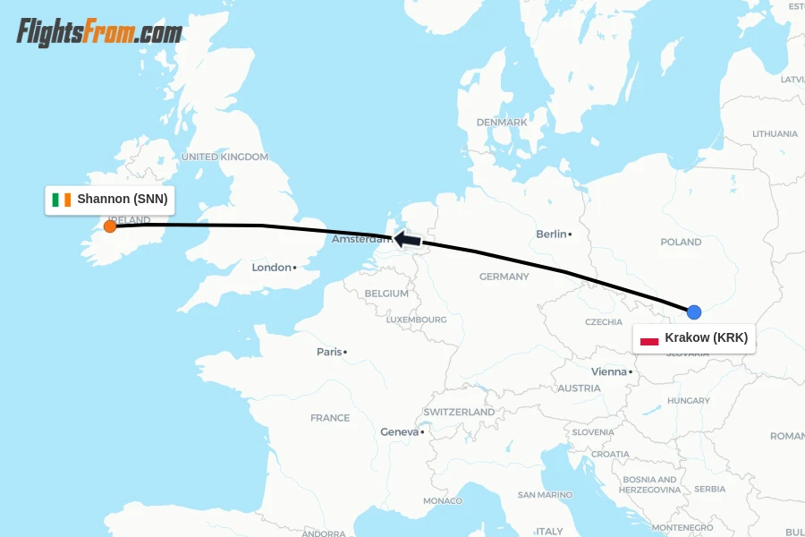 Flights from Krakow to Shannon route map