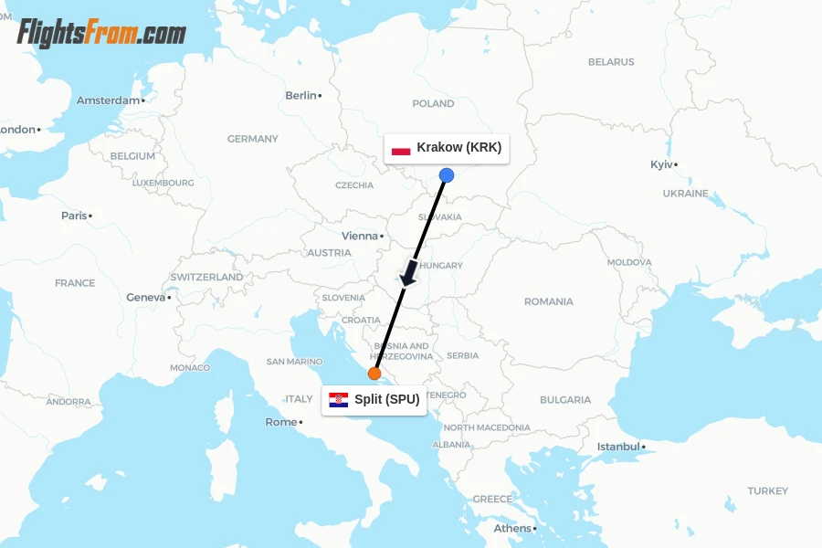 Flights from Krakow to Split route map