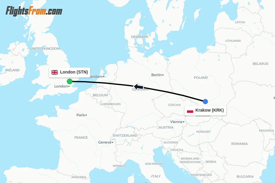 Flights from Krakow to London route map