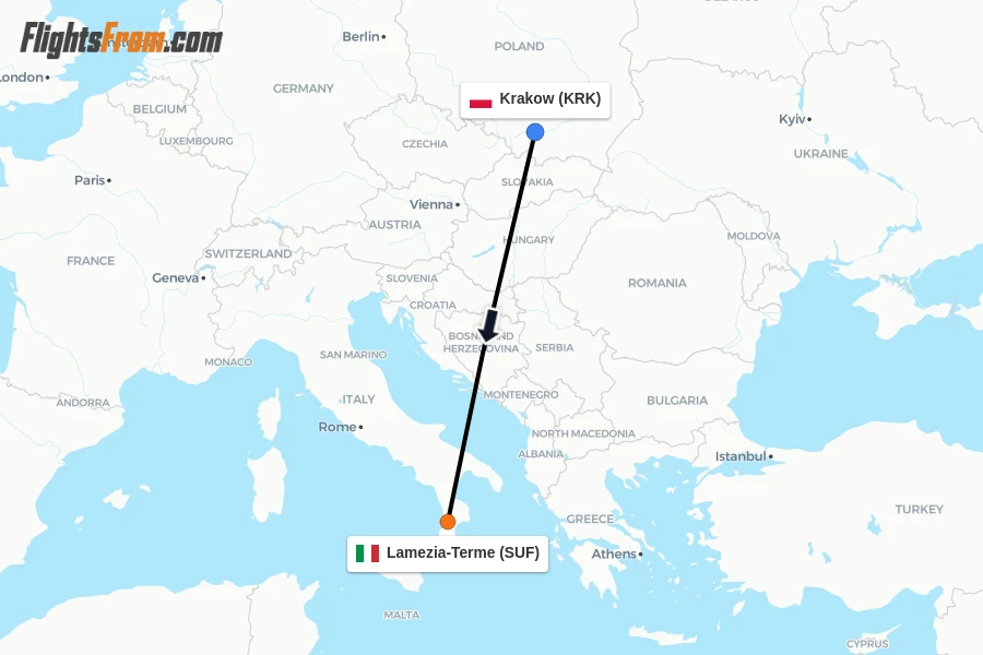 Flights from Krakow to Lamezia-Terme route map