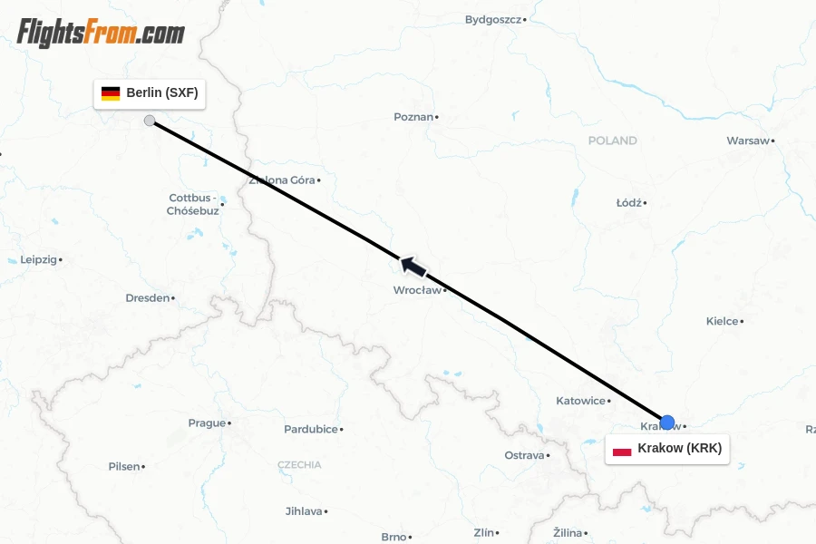 Flights from Krakow to Berlin route map